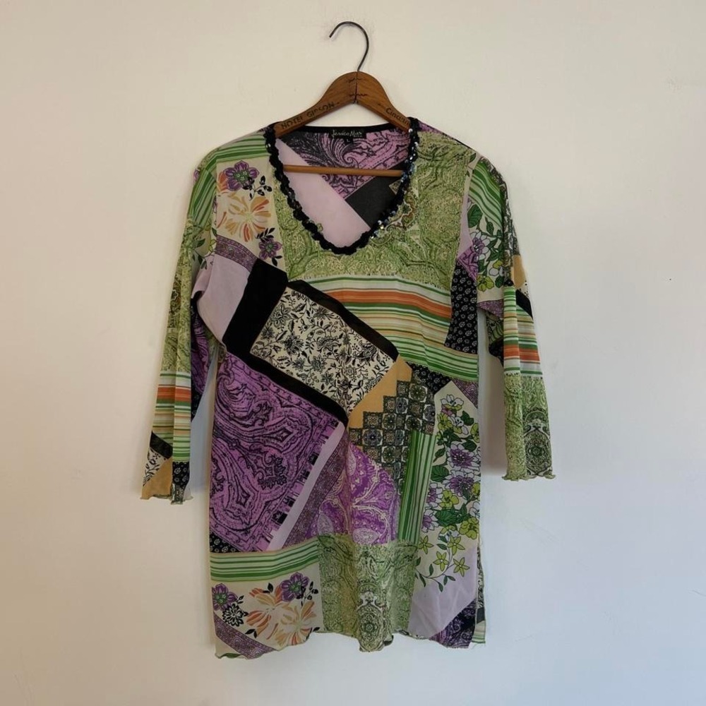 Y2K Semi-sheer Micromesh Sequin Patchwork Paisley Whimsygoth 3/4 Sleeve Top - Picture 6 of 8
